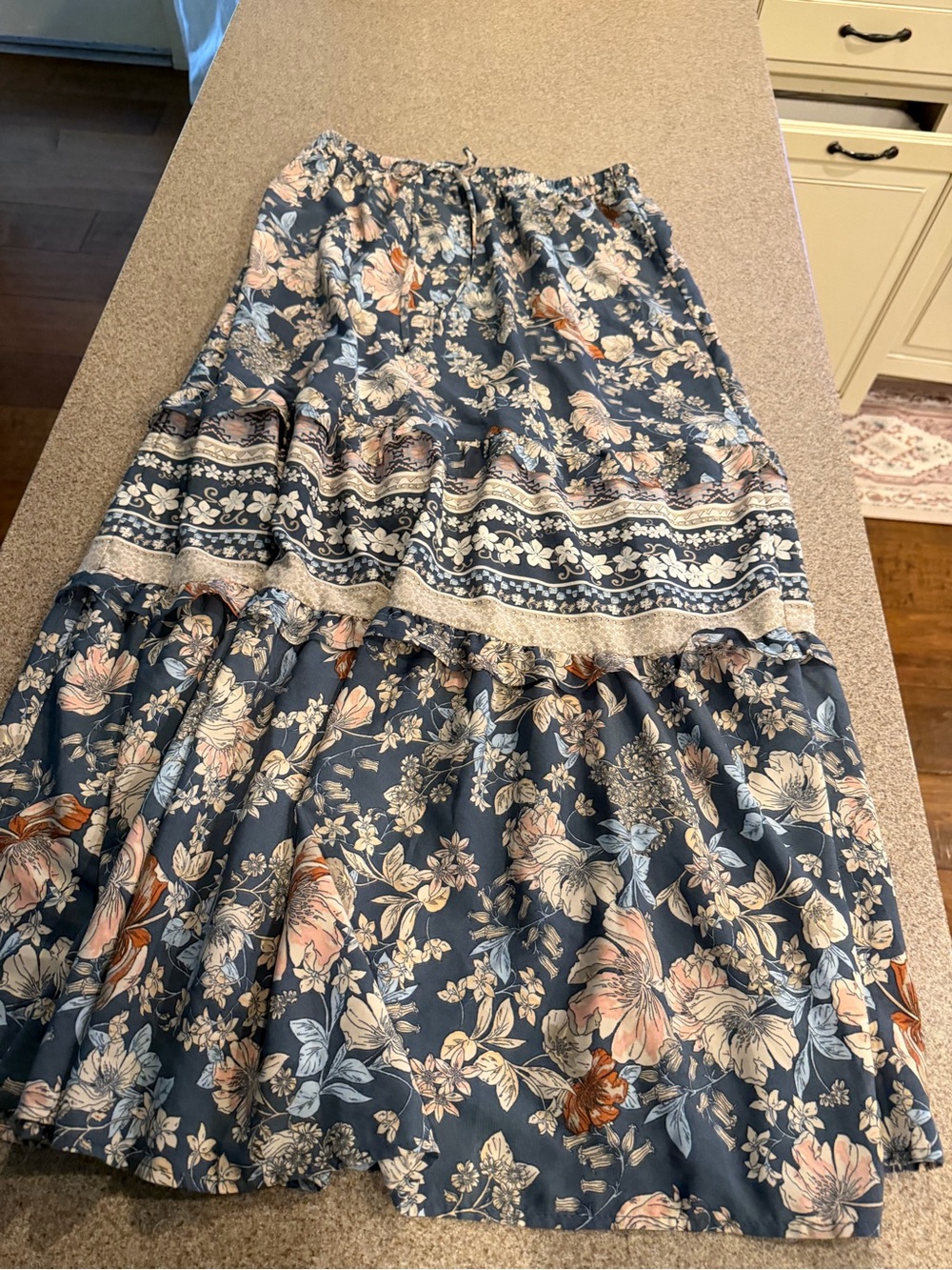 Sienna Sky Floral Tiered Maxi Skirt in Slate Blue and Blush